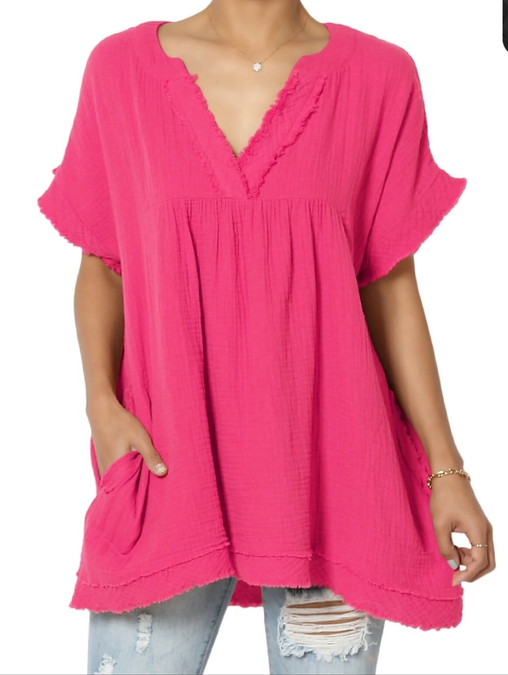 entro Hot Pink Gauze V-Neck Tunic